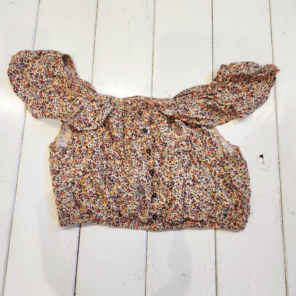Xhilaration Floral Cropped Button Front Top Junior's Off the Shoulder Size M